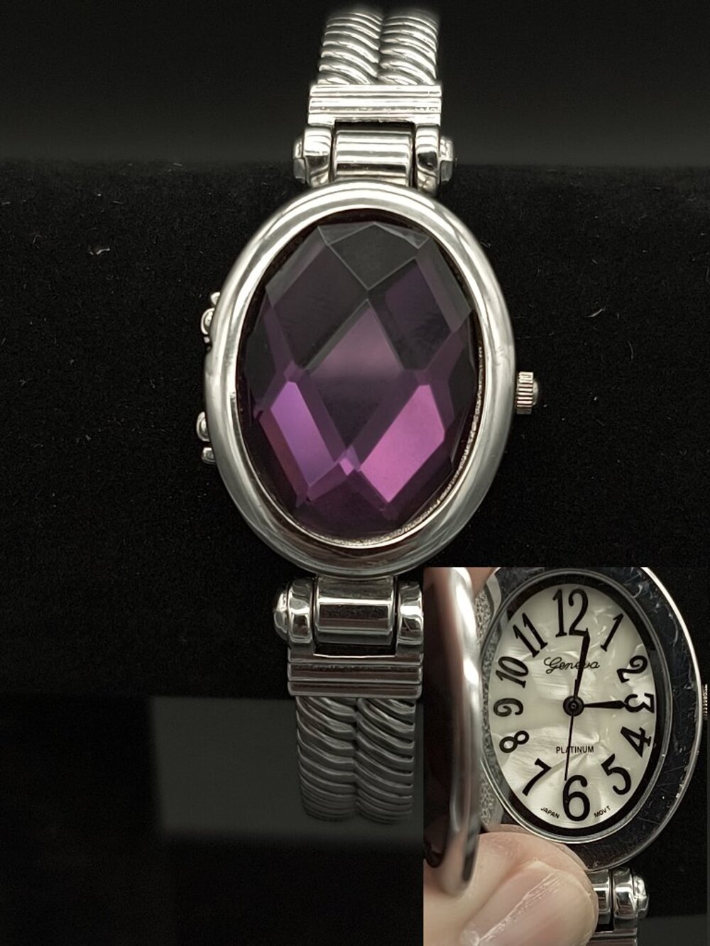 Vintage Geneva Platinum Purple Glass Stone W/ Hidden MOP Dial Cuff Watch